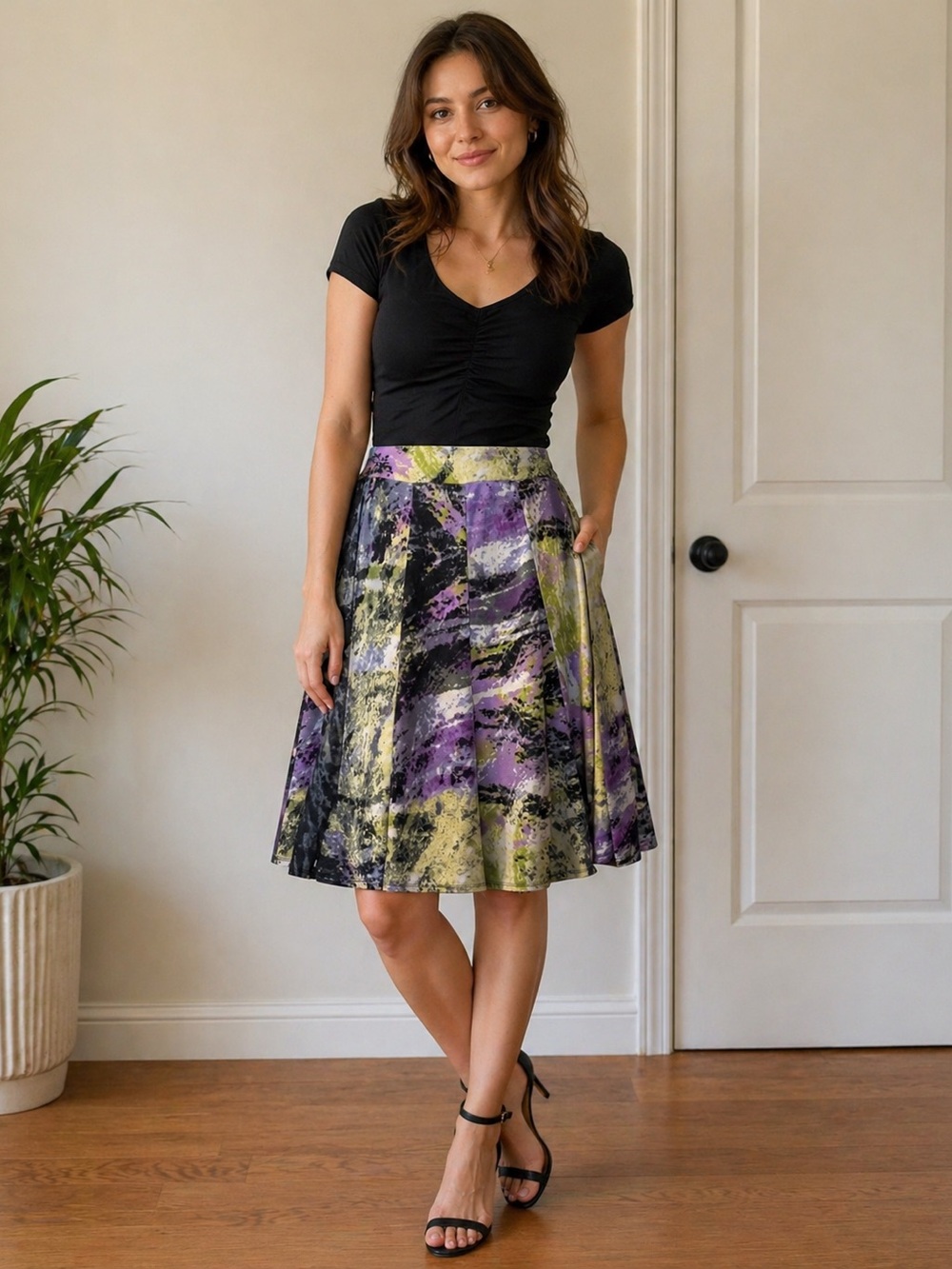 Lily Abstract A-Line Knee-Length Skirt in Purple, Black & Yellow